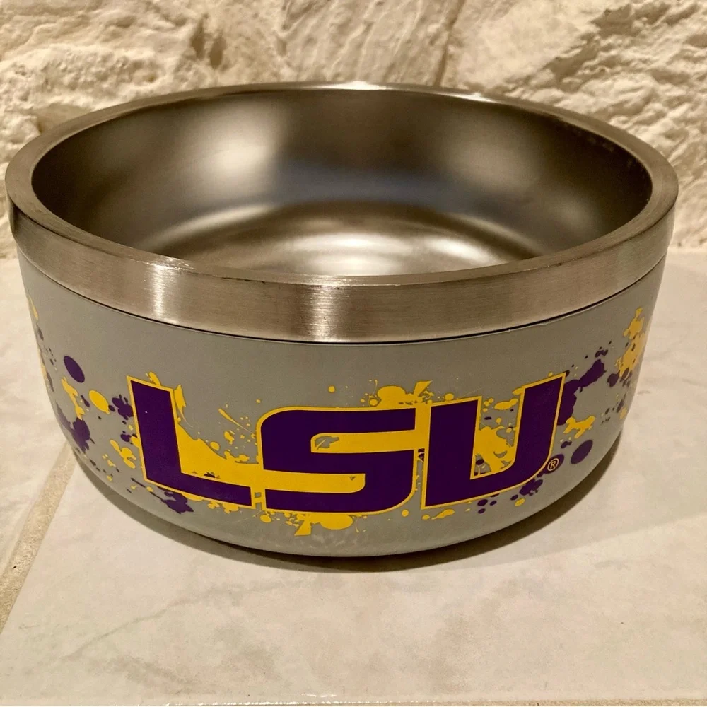 Gametime Sidekicks brand LSU pet bowl. 3.5” deep, 8” wide bowl